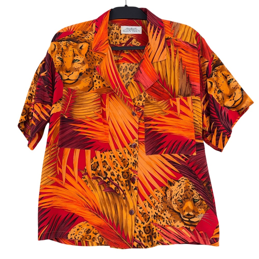 Linda Allard for Ellen Tracy Camp Shirt Women 6 Silk Leopard Tropical Red Orange